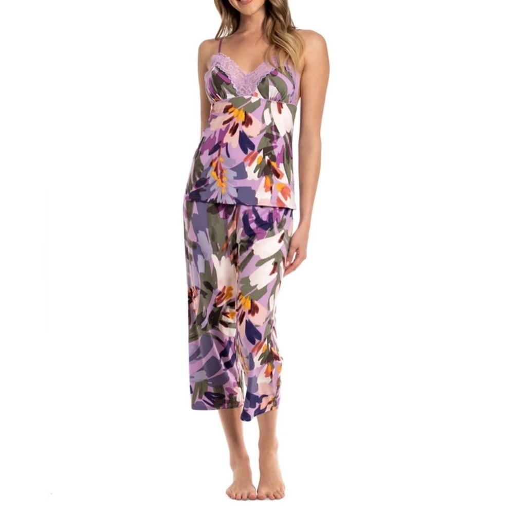 Linea Donatella Womens 2-Pc Set Cropped Knit Pajamas Purple M